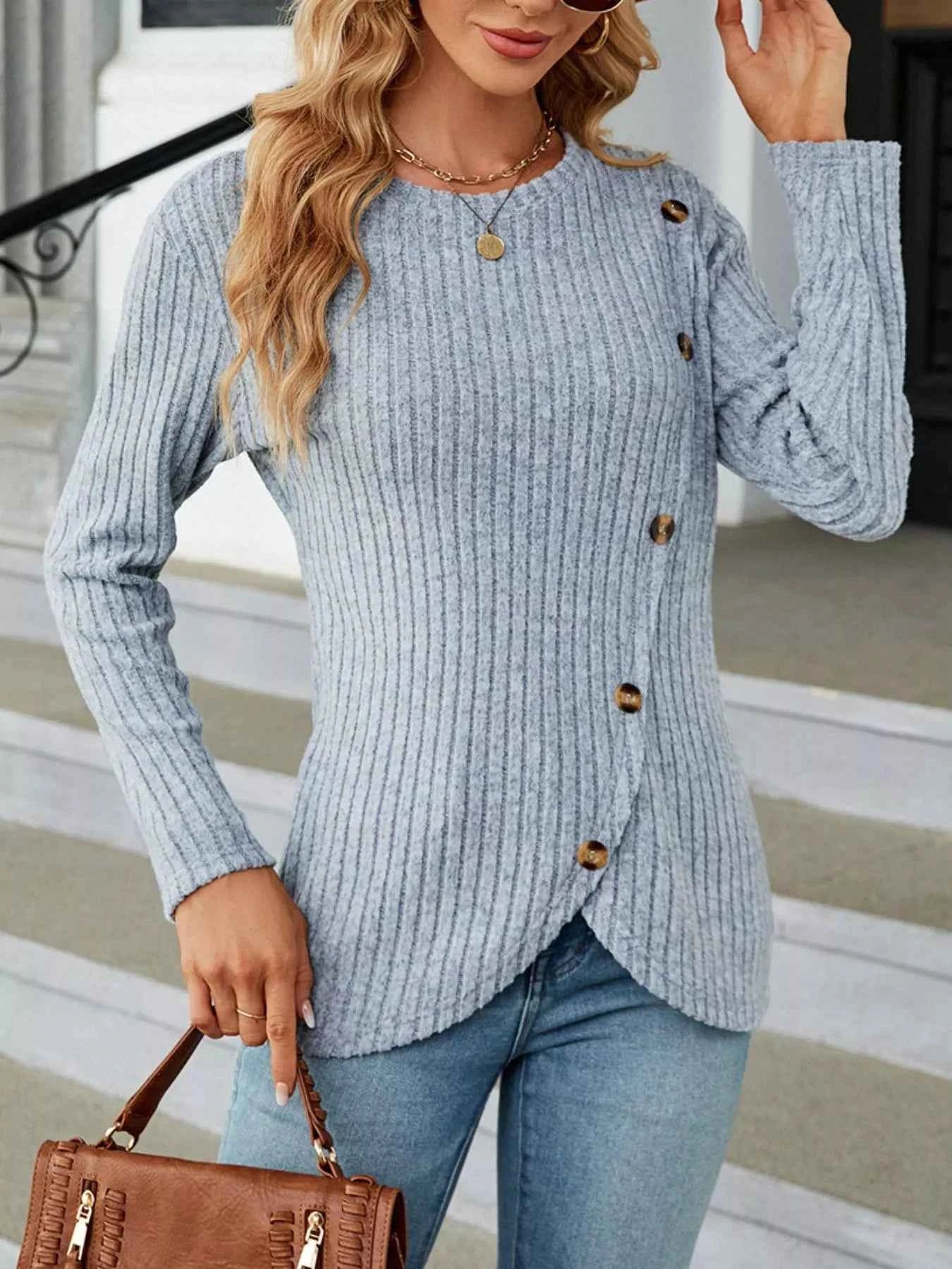 Ribbed Knit Decor Button T-Shirt Light Blue 371b442f-d27b-4167-a1dd-d985ca15147a-Max-Origin