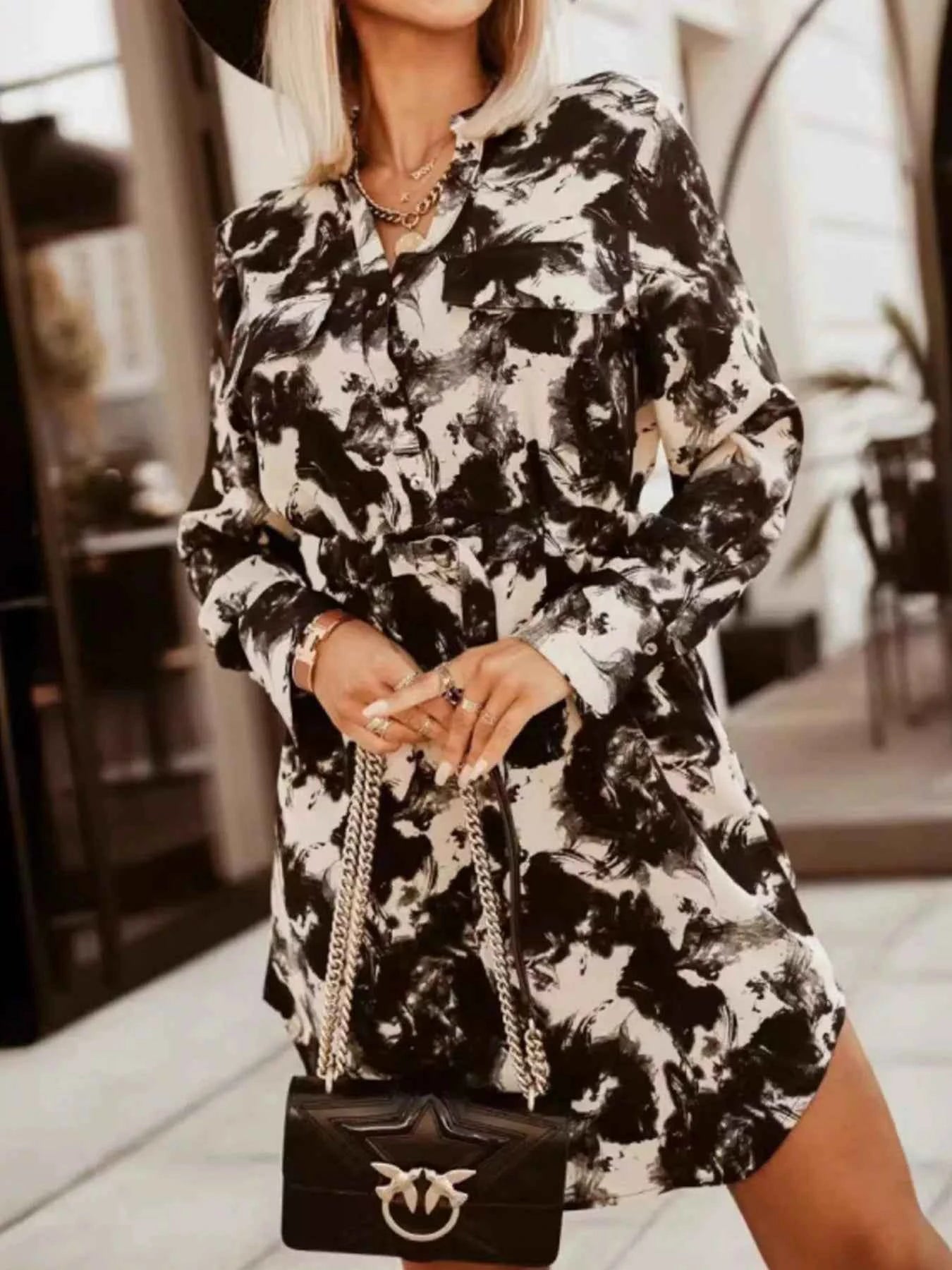 Printed Button Front Long Sleeve Dress Black Apricot Blossom 371c5cdc-5585-4a9b-affe-69b3de5f7966-Max-Origin