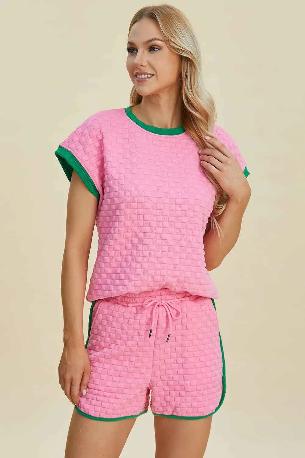 Double Take Full Size Texture Contrast T-Shirt and Shorts Set 37208450-8c15-472f-9939-09a78262ca4d-Max