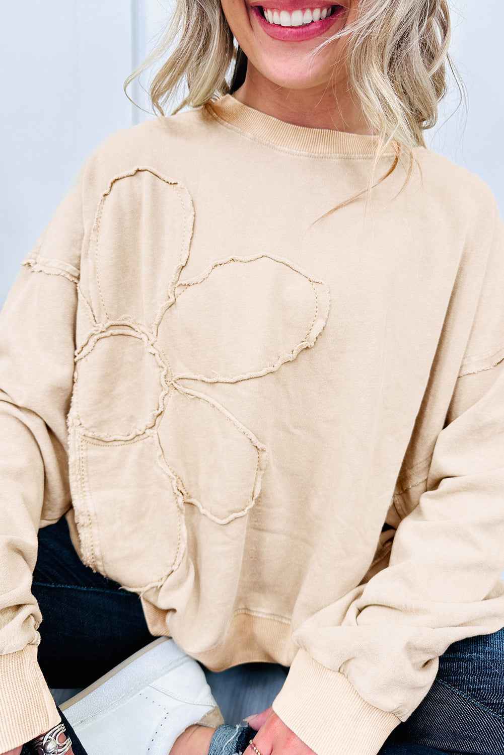 Beige Flower Pattern Round Neck Long Sleeve Plus Size Top 3721622f56f80093