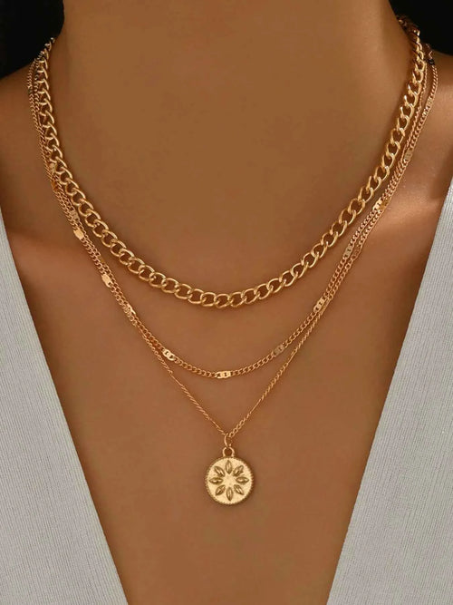 18K Gold-Plated Layered Necklace with Sun Medallion Pendant Gold One Size 37218323-cfb4-4bc0-8050-c58517d1d439-Max-Origin