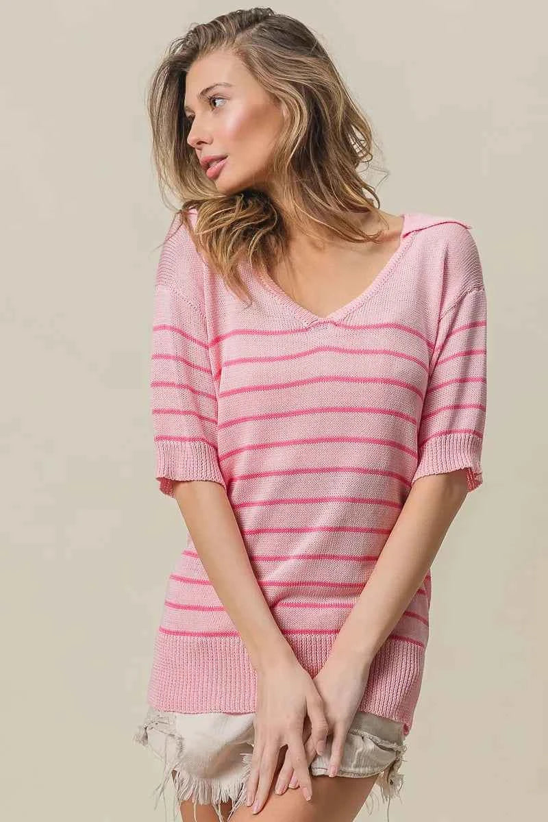 BiBi Stripe Short Sleeves Collared V Neck Top LT PINK HOT PINK 3722b34fe37b4969ae158a572d17645b-Max-Origin