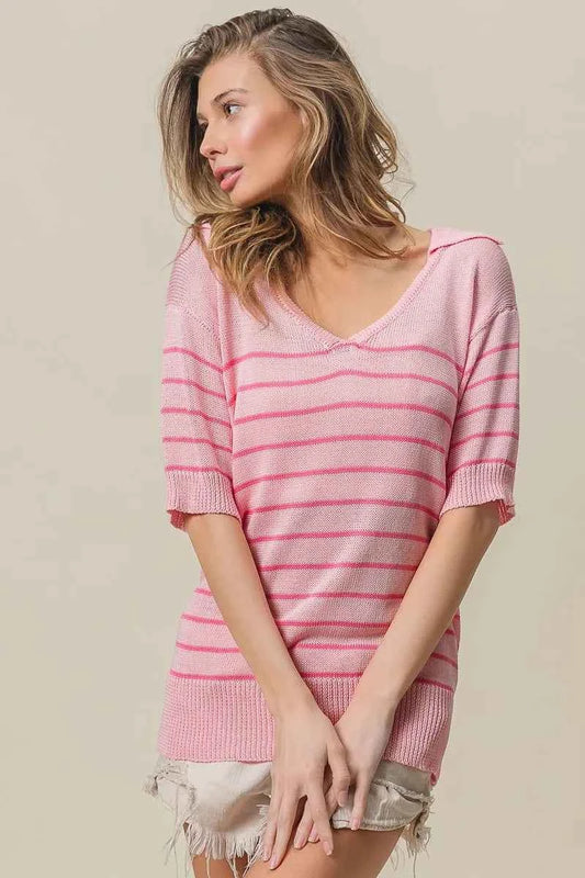 BiBi Stripe Short Sleeves Collared V Neck Top LT PINK HOT PINK 3722b34fe37b4969ae158a572d17645b-Max-Origin