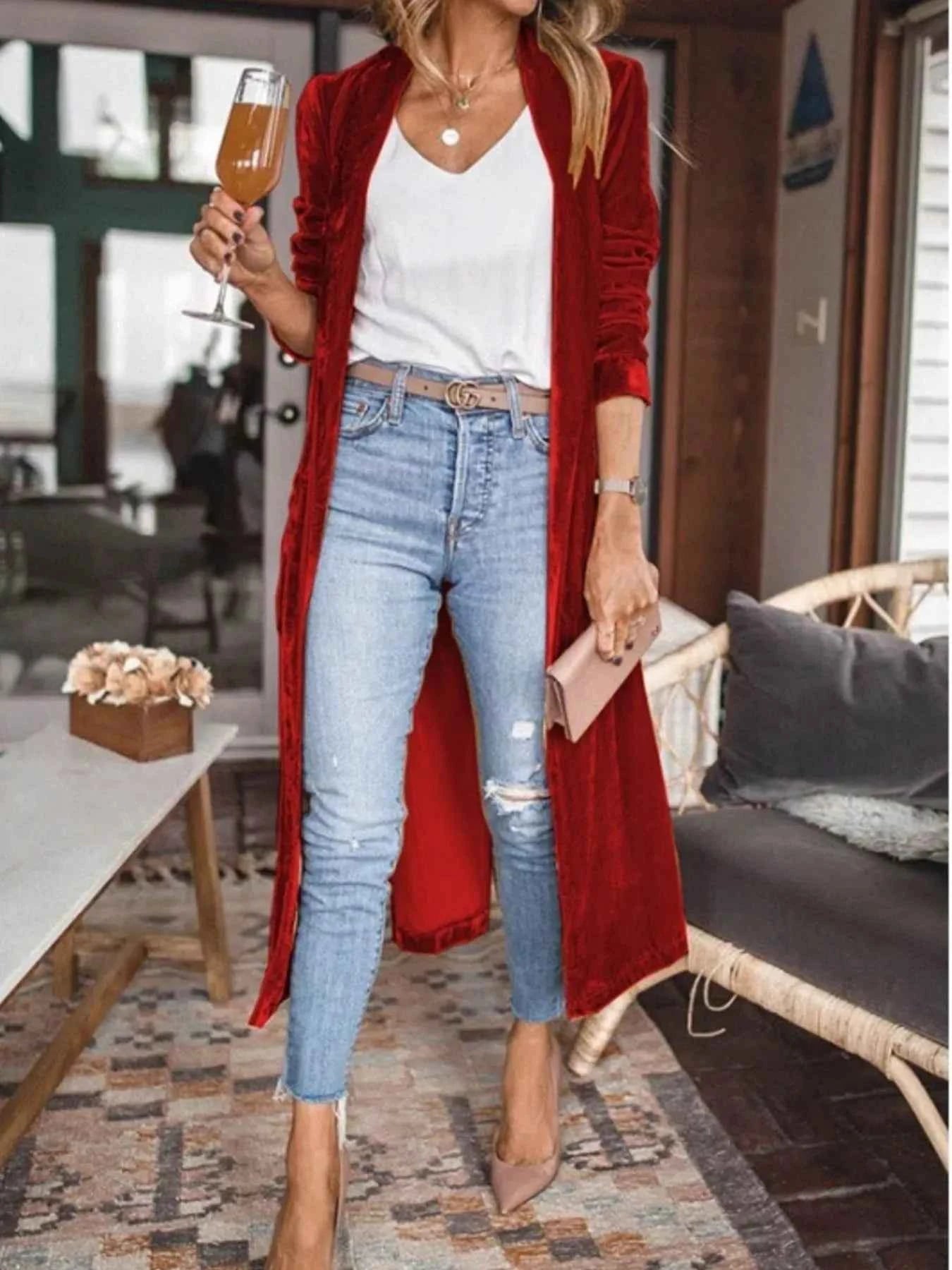 Open Front Long Sleeve Longline Cardigan Red 3723c6acbf874622870e3c4e692c0e62-Max-Origin