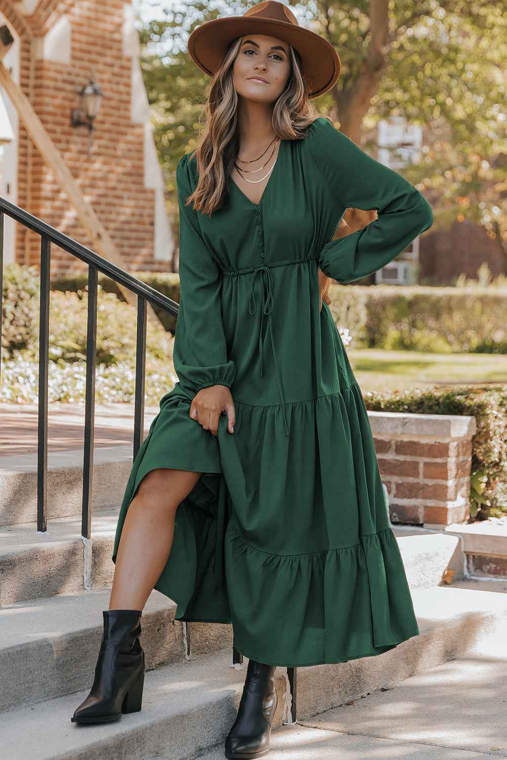Blackish Green Solid Long Sleeve Button V Neck Tiered Maxi Dress 37408bc371ad08a6