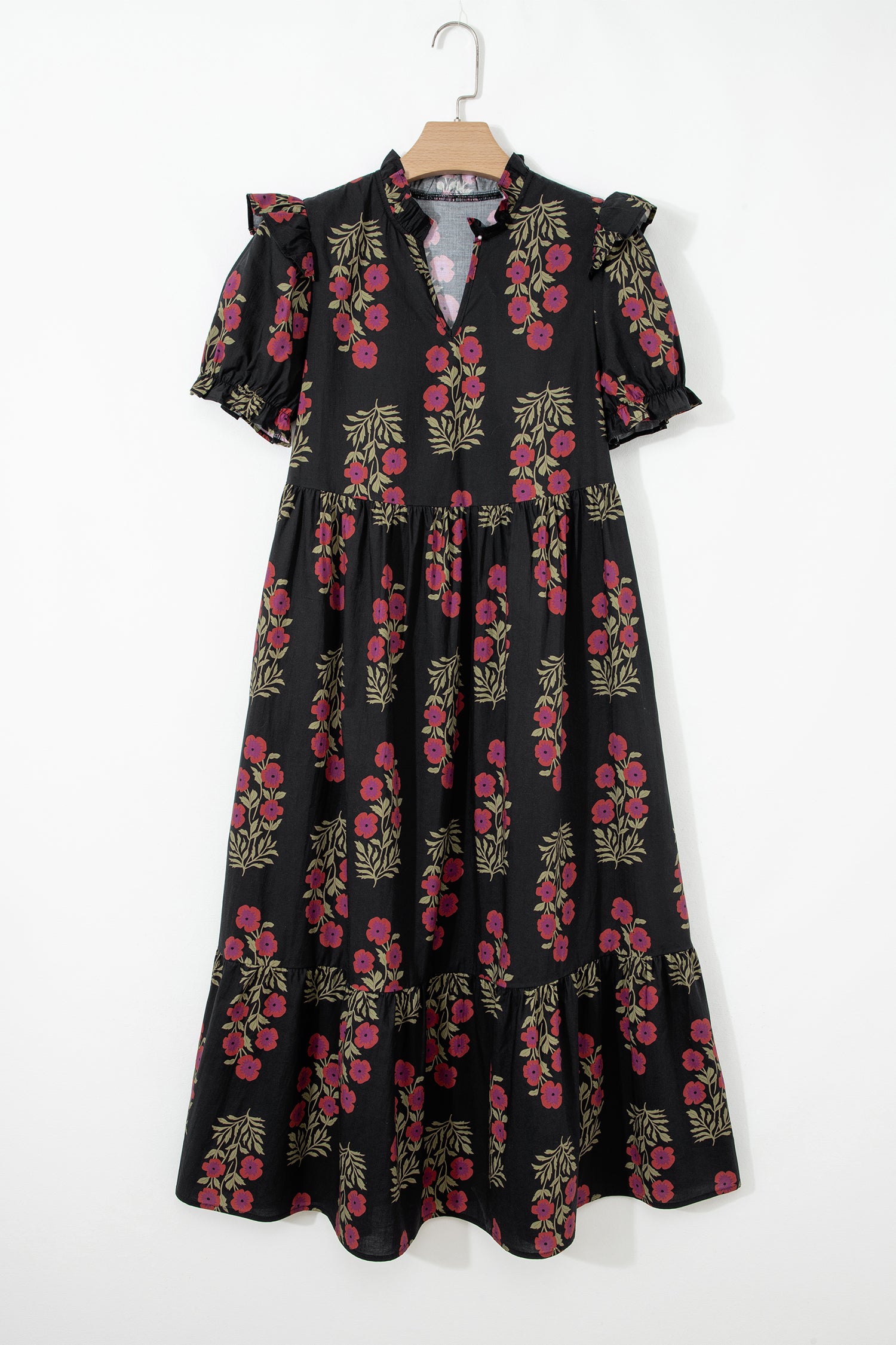Black Floral Short Bubble Sleeve Tiered Maxi Dress 3742c246bc0b3cc5