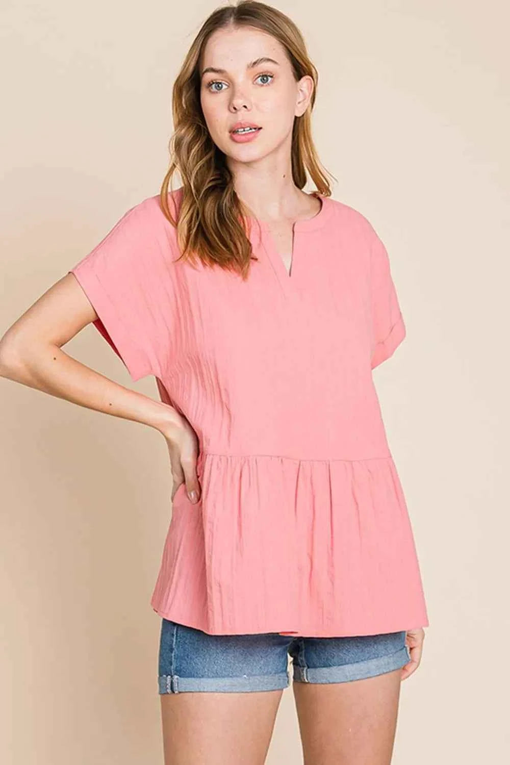 Cotton Bleu by Nu Label Notched Short Sleeve Peplum Top 37488009-3921-46b8-9c74-3a9a1dcbc130-Max