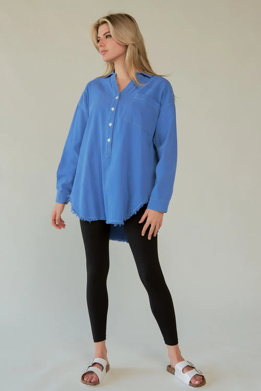 Davi & Dani Letter Back Raw Hem Half Button Shirt 374e0abe-14b5-4fc5-a458-ec1ab3cb266d-Max