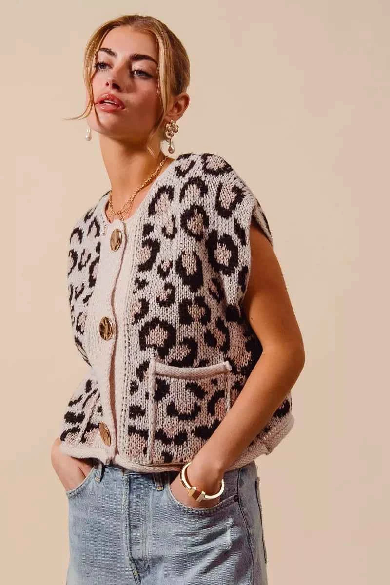 SO ME Big Metal Button Front Leopard Sweater Vest Top 3754e41680584a70a4695840ee68980b-Max-Origin