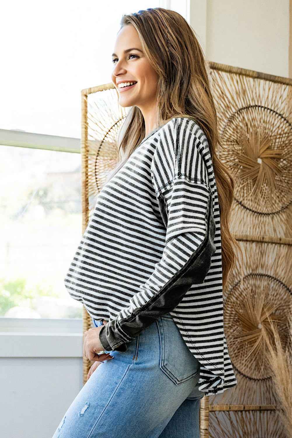 Khaki Stripe Patchwork Knit Drop Shoulder Top 3757c3b2c28042f5