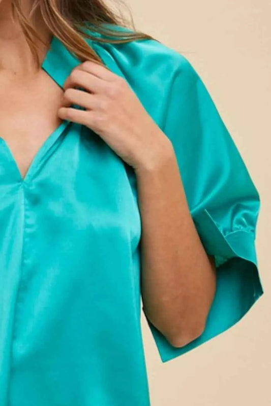 Satin V Neck Open Short Sleeve Woven Blouse Top 3758a876-6950-4cb8-84d5-830da05fd6a4-Max-Origin