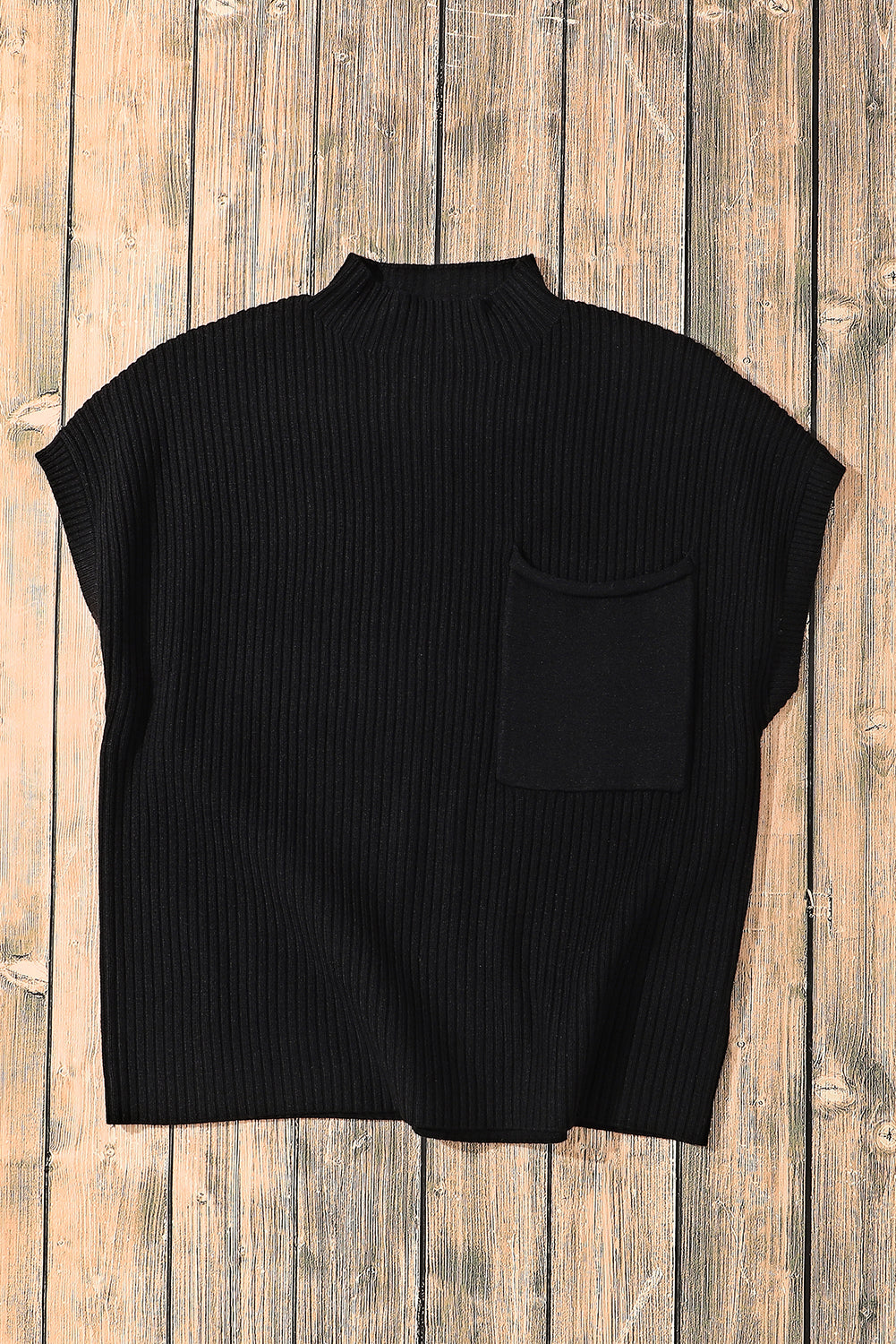 Green Patch Pocket Ribbed Knit Short Sleeve Sweater 375c7f1255557e0e