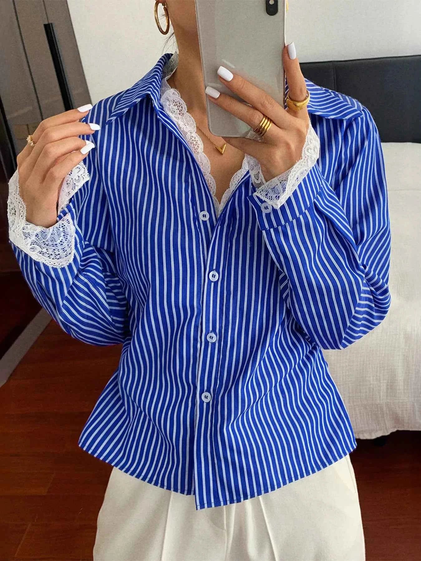 Striped Button-Down Shirt with Lace Detail Blue 375cf3d52fa24caf904b543b5590b826-Max-Origin