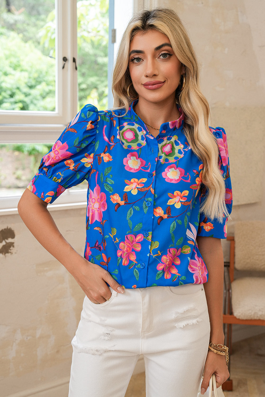 Blue Puff Sleeve Button Up Boho Floral Shirt 3764c34da006ab60