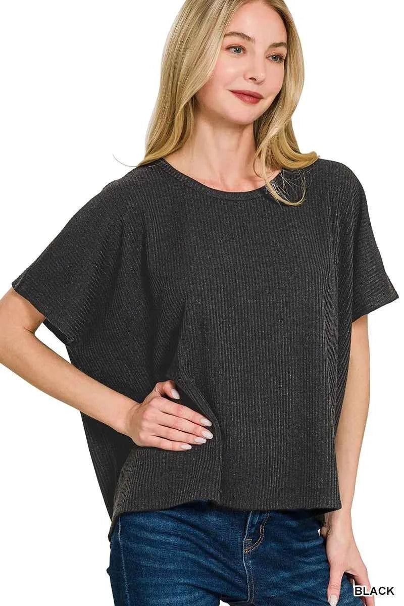 Zenana Ribbed Round-Neck Short-Sleeve Knit Top BLACK 37675899a95f40f493211d7d5d381ee3-Max-Origin