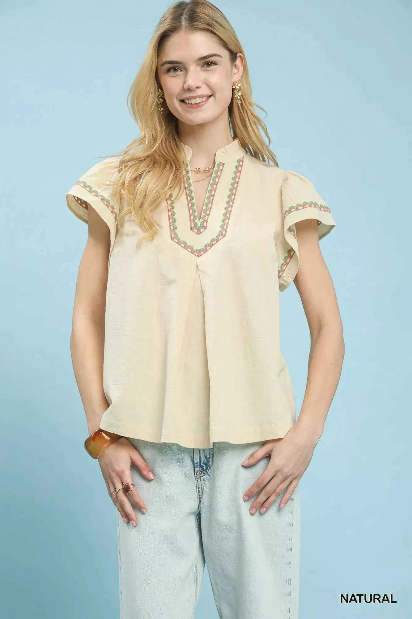 Umgee Embroidered Flutter Sleeve Blouse NATURAL 3769af77-7cc3-4f4d-bef6-0f21b3e8e1a2-Max-Origin