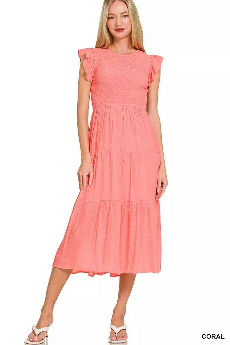 Zenana Woven Smocked Ruffle Sleeve Midi Dress CORAL 376a2e4262314a8bb1f261c2a4c28d5e-Max-Origin