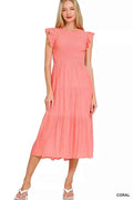 Zenana Woven Smocked Ruffle Sleeve Midi Dress CORAL 376a2e4262314a8bb1f261c2a4c28d5e-Max-Origin