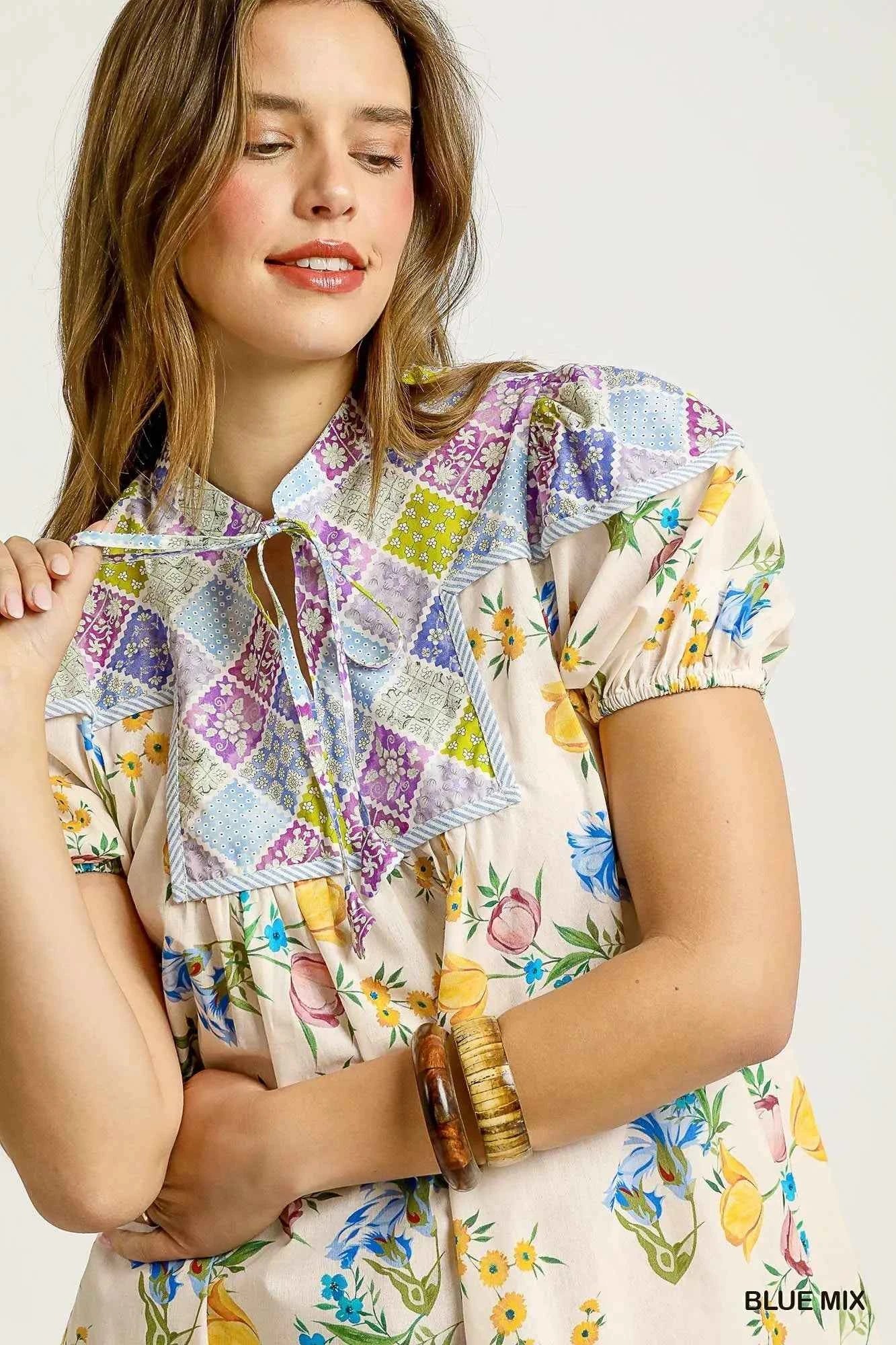 Umgee Floral Print Tie Neck Puff Sleeve Dress 376b82f2-6b59-46e2-b358-b0904b9cdee2-Max-Origin