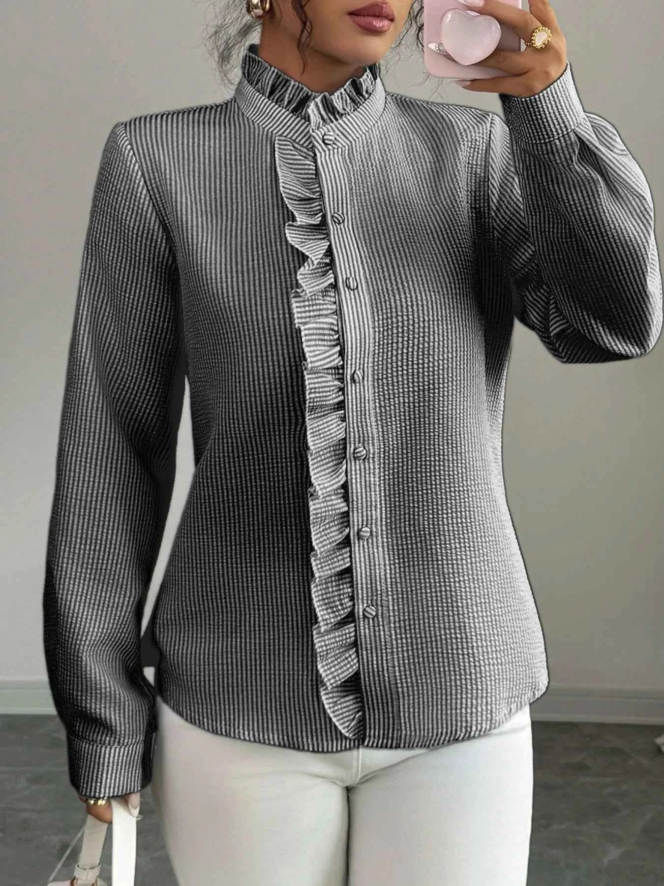 Ruffle Front Striped Button-Up Shirt 376cee76-141d-4d64-897f-9af0a4c79151-Max-Origin