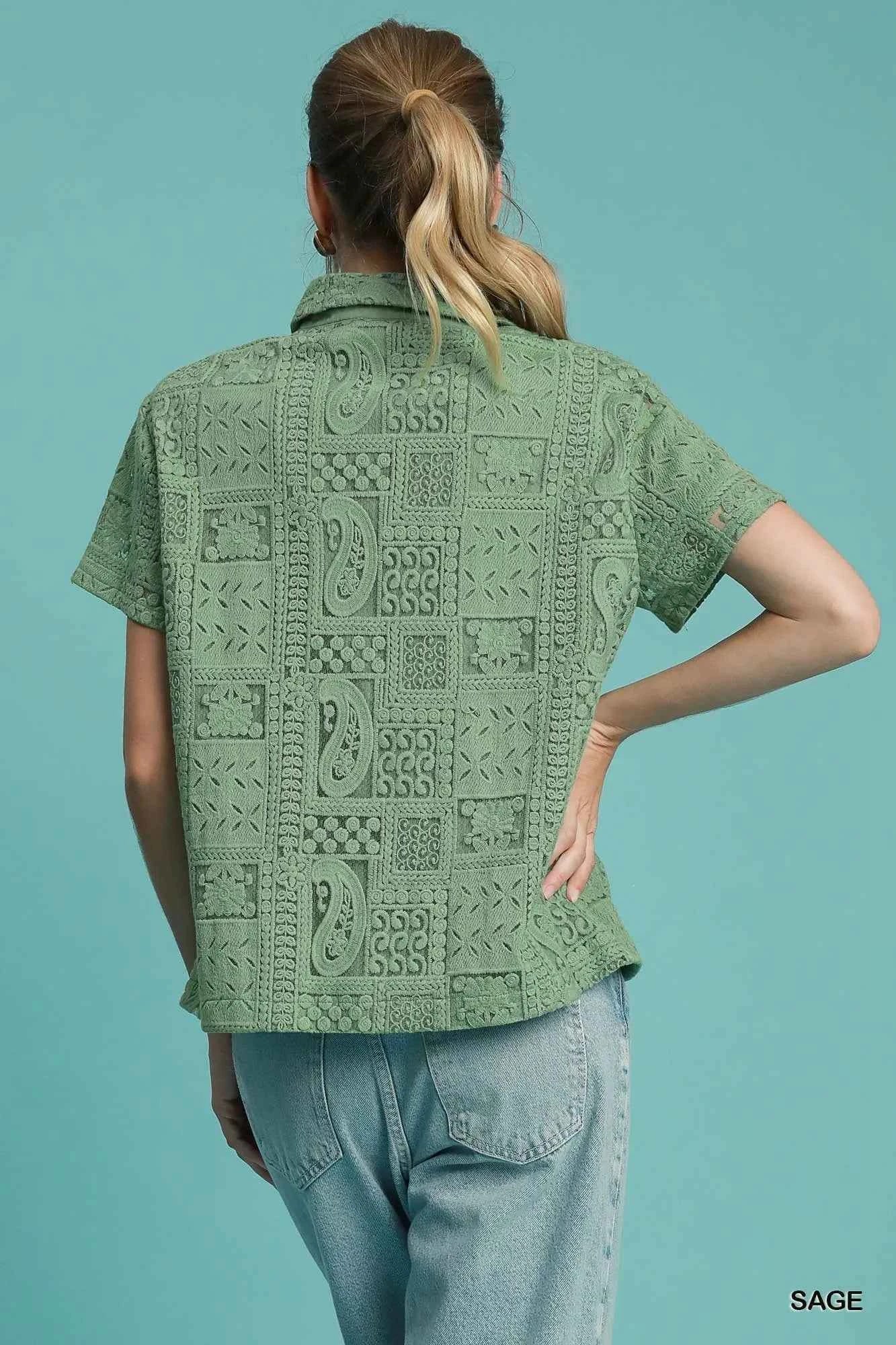 Umgee Patch Lace Short Sleeve Button Down Shirt 3773bb6d-d7bf-4839-9504-644e3a675fa4-Max-Origin