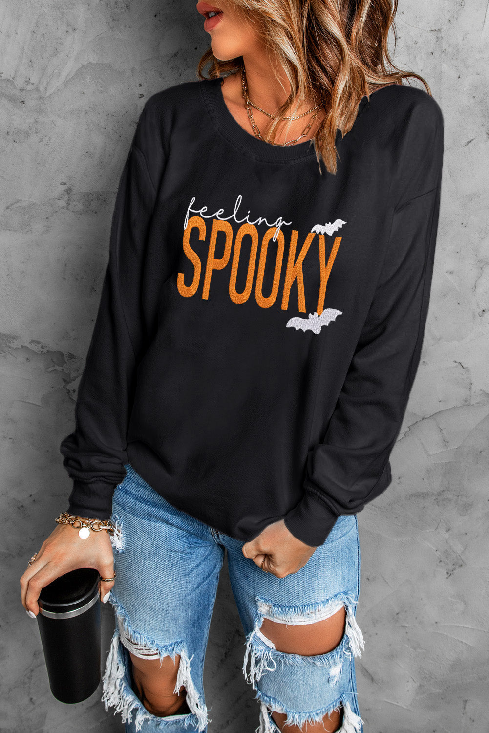 Black Feeling Spooky Halloween Embroidered Graphic Baggy Sweatshirt 3774329bf16353b3