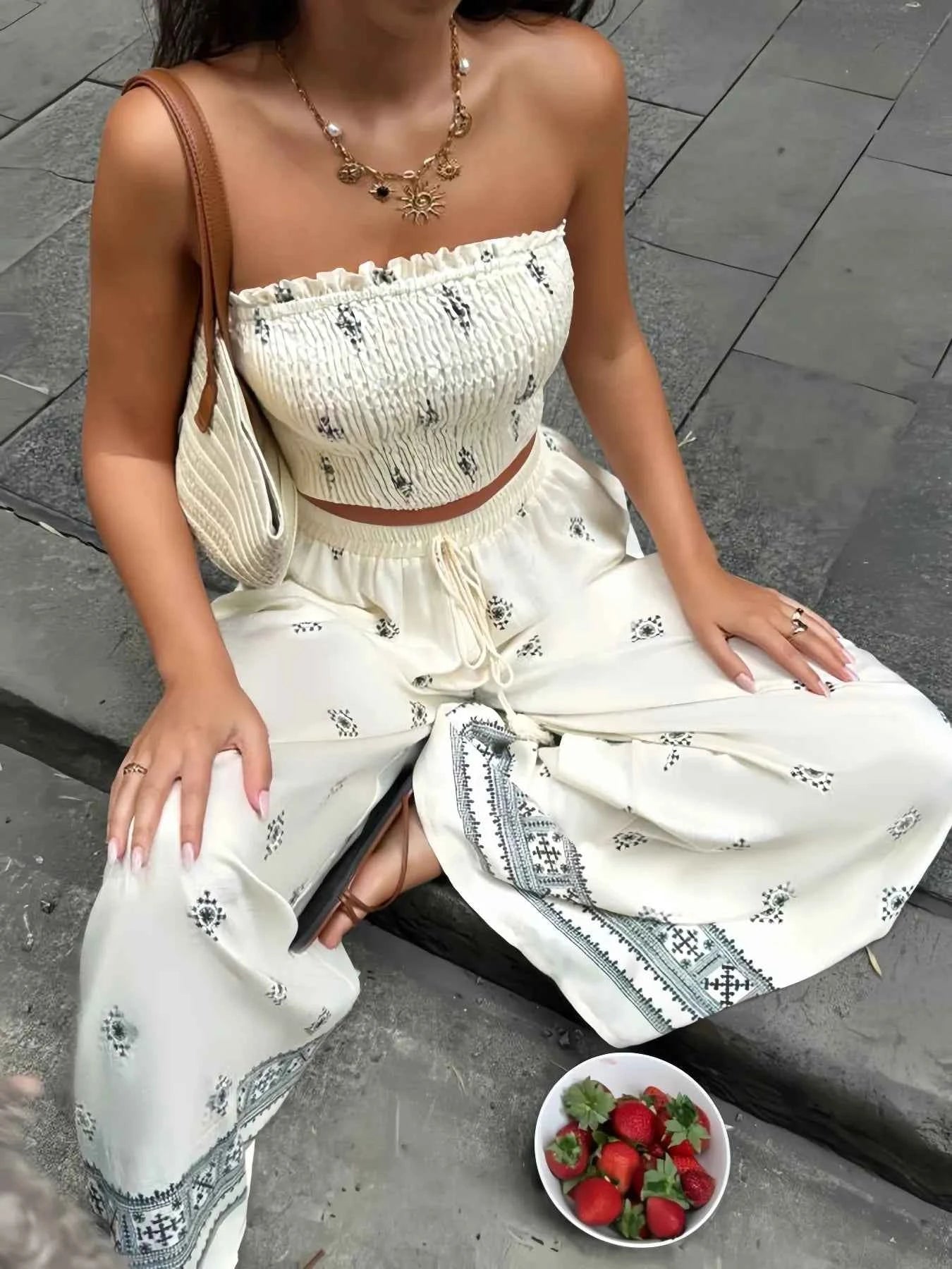 Smocked Tube Top and Pants Set Cream 377cd643-0576-4dec-99b9-87374385e592-Max-Origin