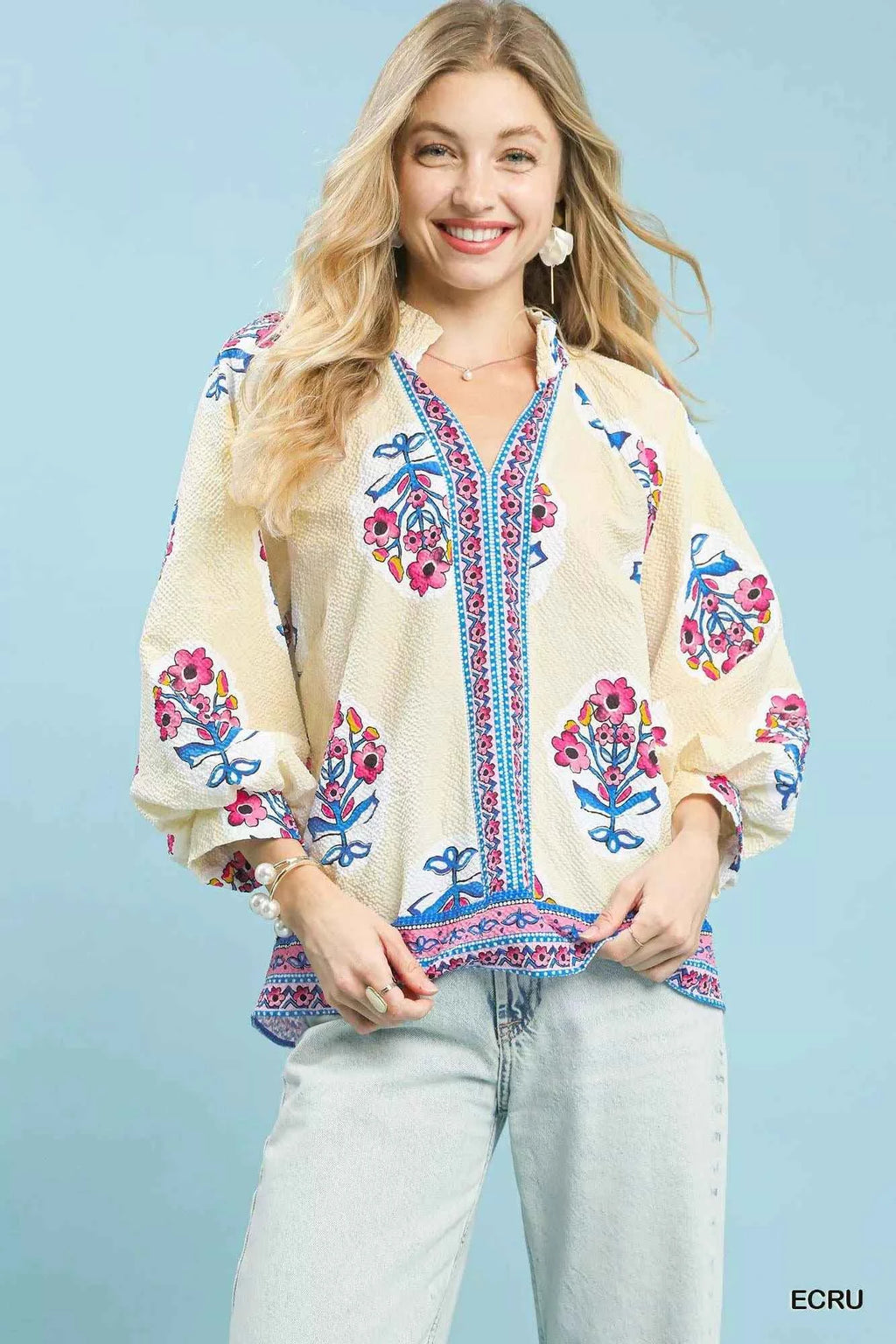 Umgee Boho Floral Print Tunic Blouse ECRU 377d5429-5d21-4ec5-af41-f6f859cbfc37-Max-Origin