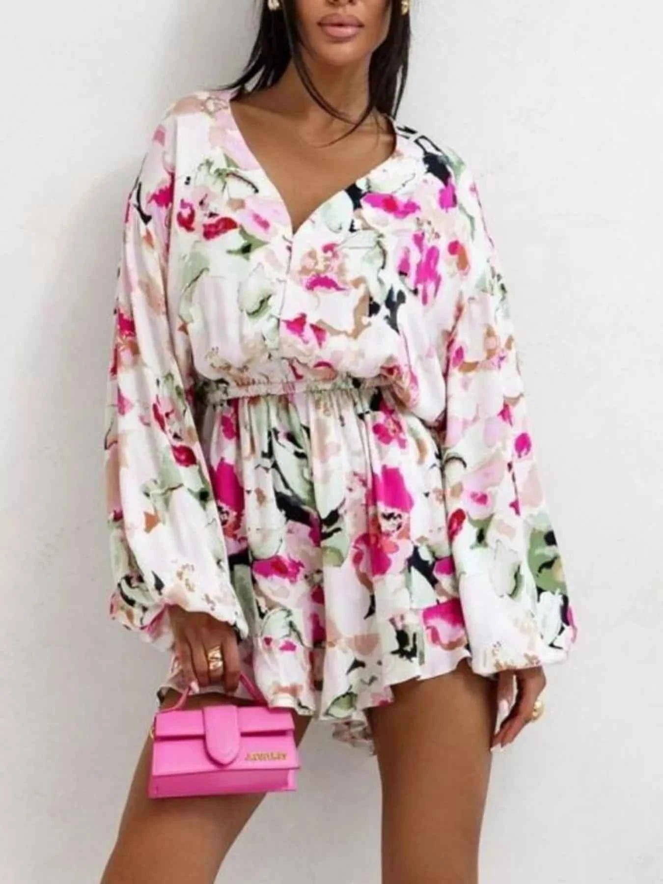 Floral V-Neck Long Sleeve Romper with Elastic Waist 378a3119-c689-4411-8730-db33b988586f-Max-Origin
