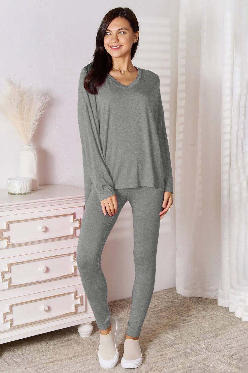 Basic Bae Bamboo Full Size V-Neck Long Sleeve Top and Pants Lounge Set Gray 378ed3b6-8668-4e4c-8441-76c99e5a653a-Max