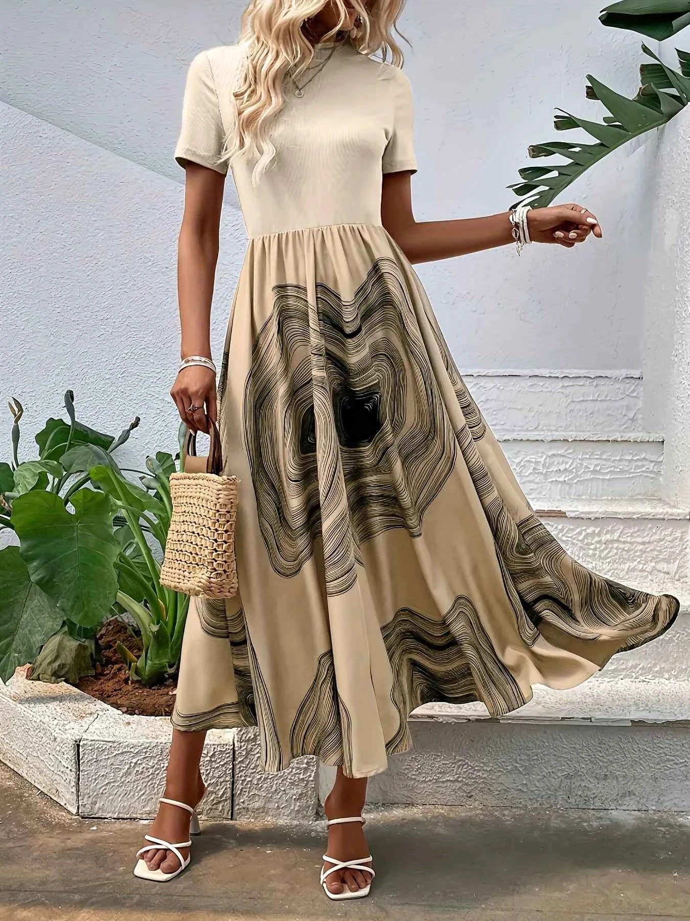 Printed Round Neck Short Sleeve Dress Apricot 378fcecd645d49dc94f58c58b211a284-Max-Origin
