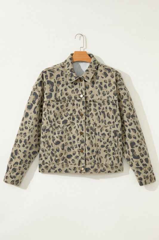 Leopard Denim Button Down Jacket Khaki 3791bcc3-8d90-4b98-8d1a-2bdfed6b1b63