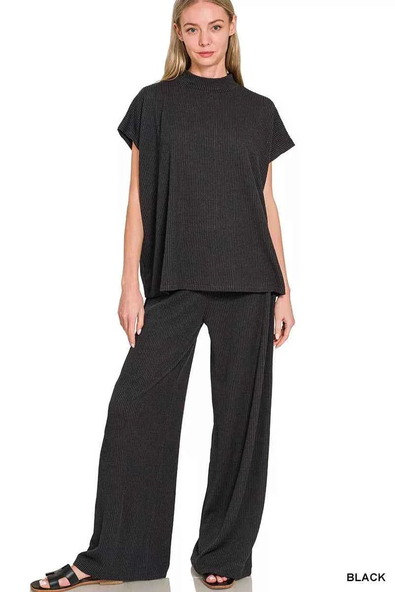 Zenana Raised Rib Short Sleeve Tee & Pants Set BLACK 37960722e9c54654a43103ecf5a30489-Max-Origin