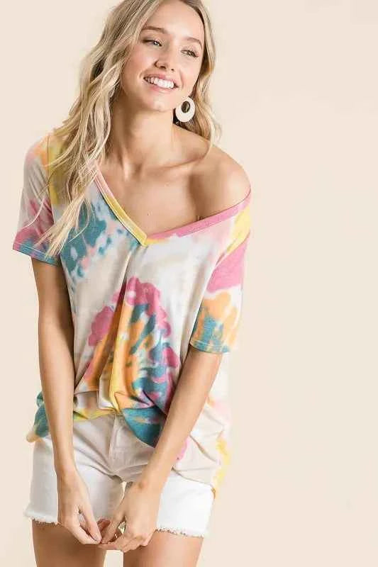 BiBi Circular Tie Dye Print V Neck Top 379bc62b12d0457b8db0cda093b623ea-Max-Origin