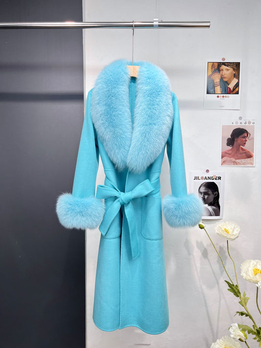 Double-Sided Wool Coat with Fox Fur Collar