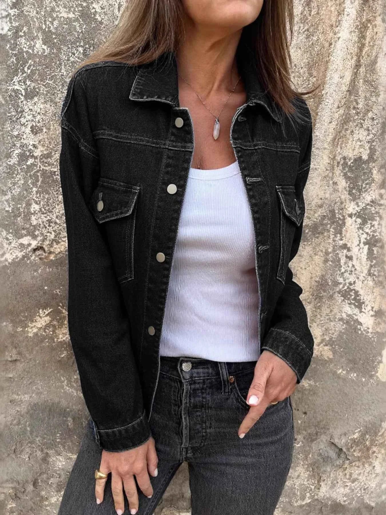 Button Up Long Sleeve Denim Jacket Black 37a04c17f6584f10a02e806f8190ea23-Max-Origin