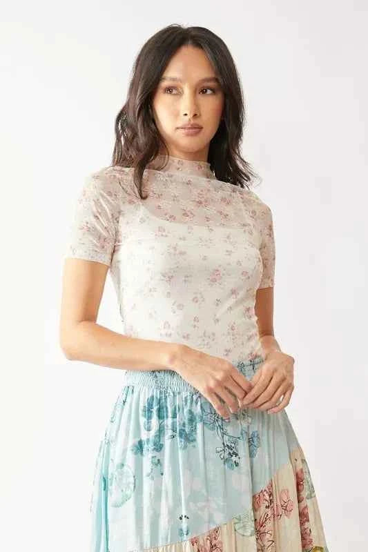 Davi & Dani Floral Mesh Mock Neck Short Sleeve Top INDIAN PINK 37a11ec466f249b6b622526e9a87c124-Max-Origin