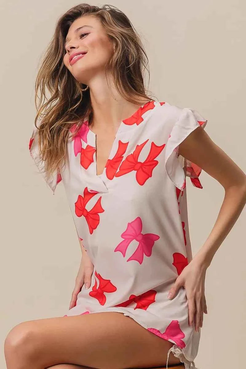 Bow Printed Woven Ruffled Sleeves V Neck Top 37a14b6a31cd47bd86b355a602f511cf-Max-Origin