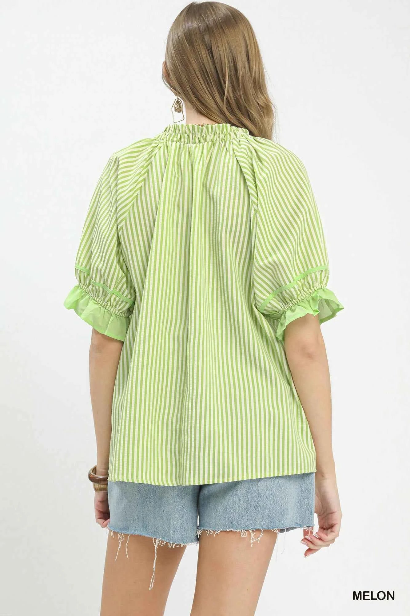 Umgee Stripe Ruffle Sleeve Split-Neck Blouse 37a6b84e-68e4-4b75-906b-7279716c1128-Max