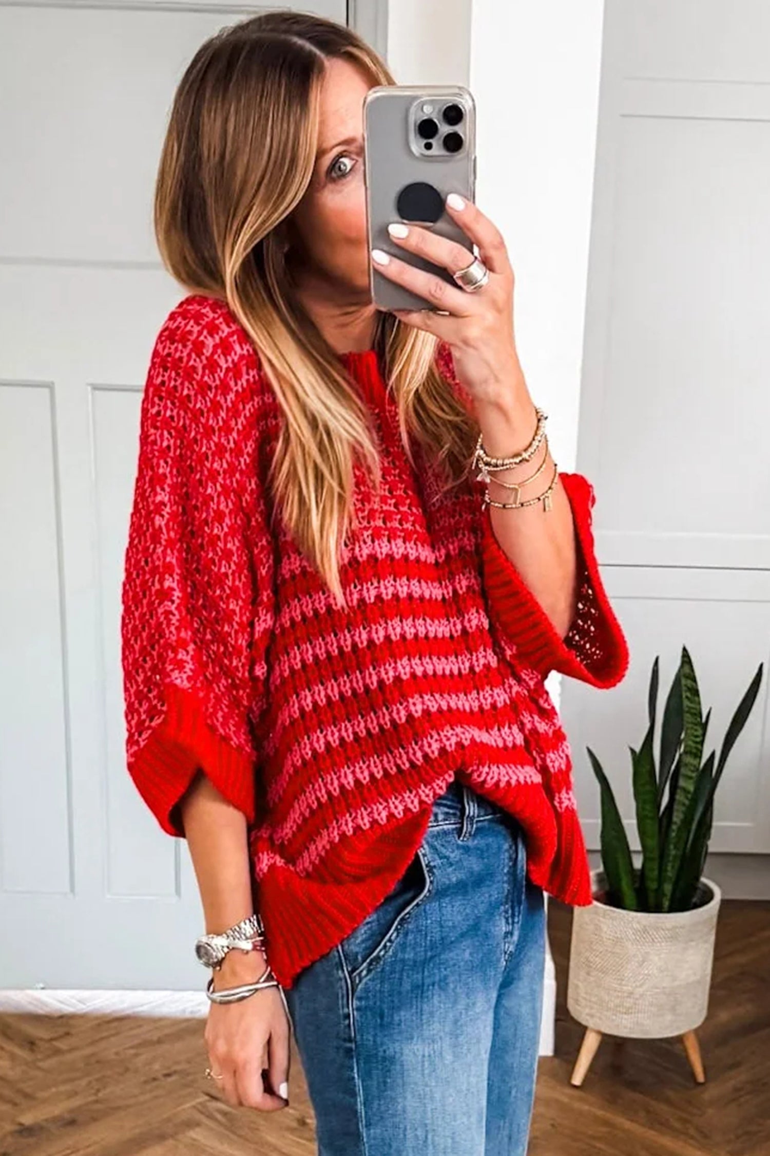 Black Stripe 3/4 Draped Sleeve Slouchy Sweater 37b028c64863936d