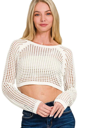 Hollow Knitted Cropped Round Neck Sweater IVORY 37b0ec85-d07b-485a-9a54-f7a34a9d407a-Max-Origin