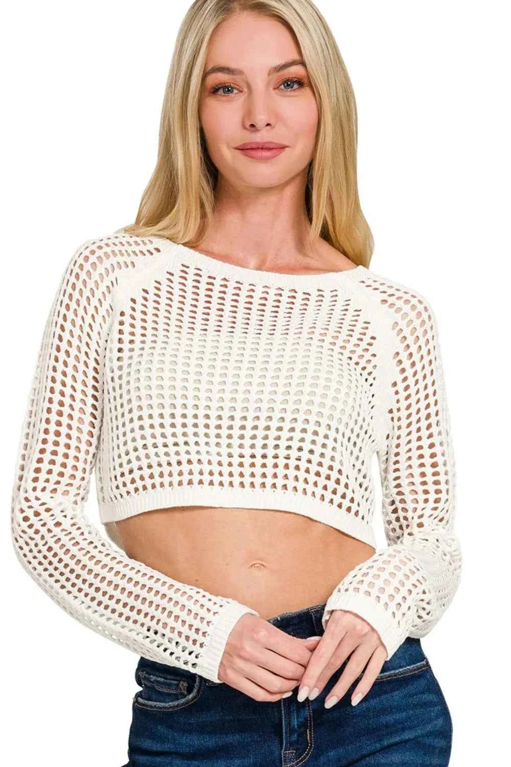 Zenana Hollow Knitted Cropped Round Neck Sweater IVORY 37b0ec85-d07b-485a-9a54-f7a34a9d407a-Max-Origin