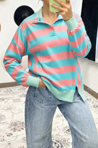 Stripe Colorblock Drop Shoulder Buttoned Collar Side Slit Top 37b5ad3f-5790-45ad-bedd-03f93abe345d-Max-Origin