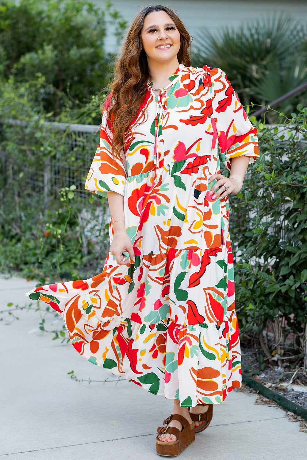 Orange Abstract Tie V Neck Tiered Plus Size Dress 37b61ae51d37313c