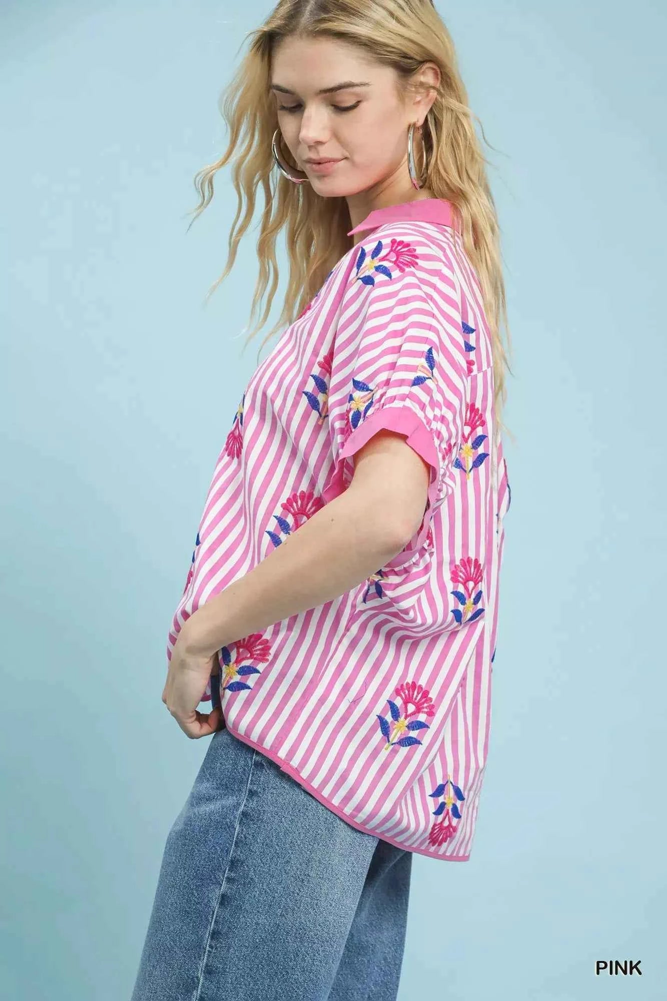 Umgee Stripe Embroidered Button-Front Boho Blouse 37bc2e7d-1000-44ce-bf23-3e635fb4cead-Max-Origin