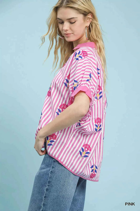 Umgee Stripe Embroidered Button-Front Boho Blouse 37bc2e7d-1000-44ce-bf23-3e635fb4cead-Max-Origin