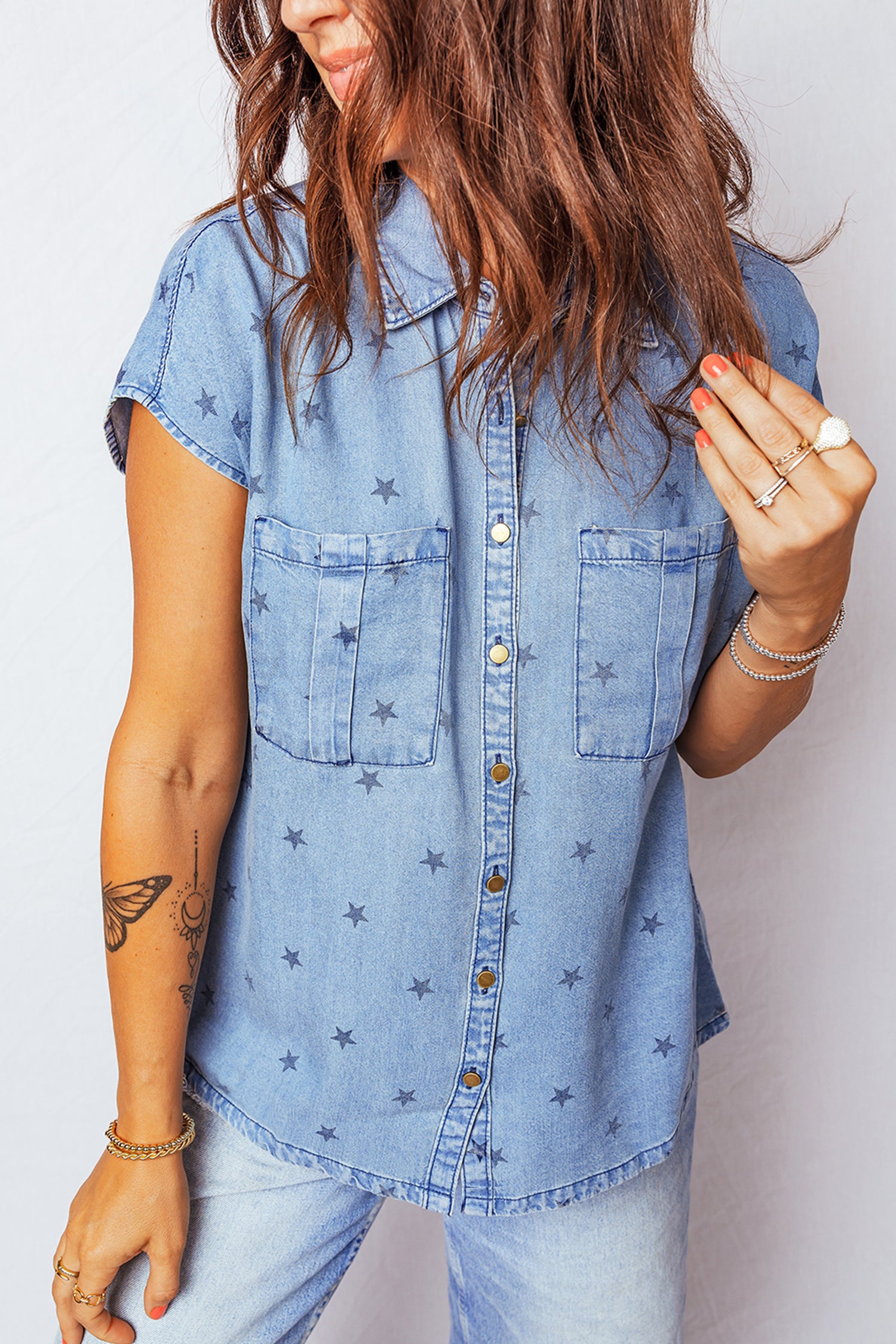Beau Blue Star Allover Print Double Chest Pocket Short Sleeve Denim Shirt 37be19521663973d