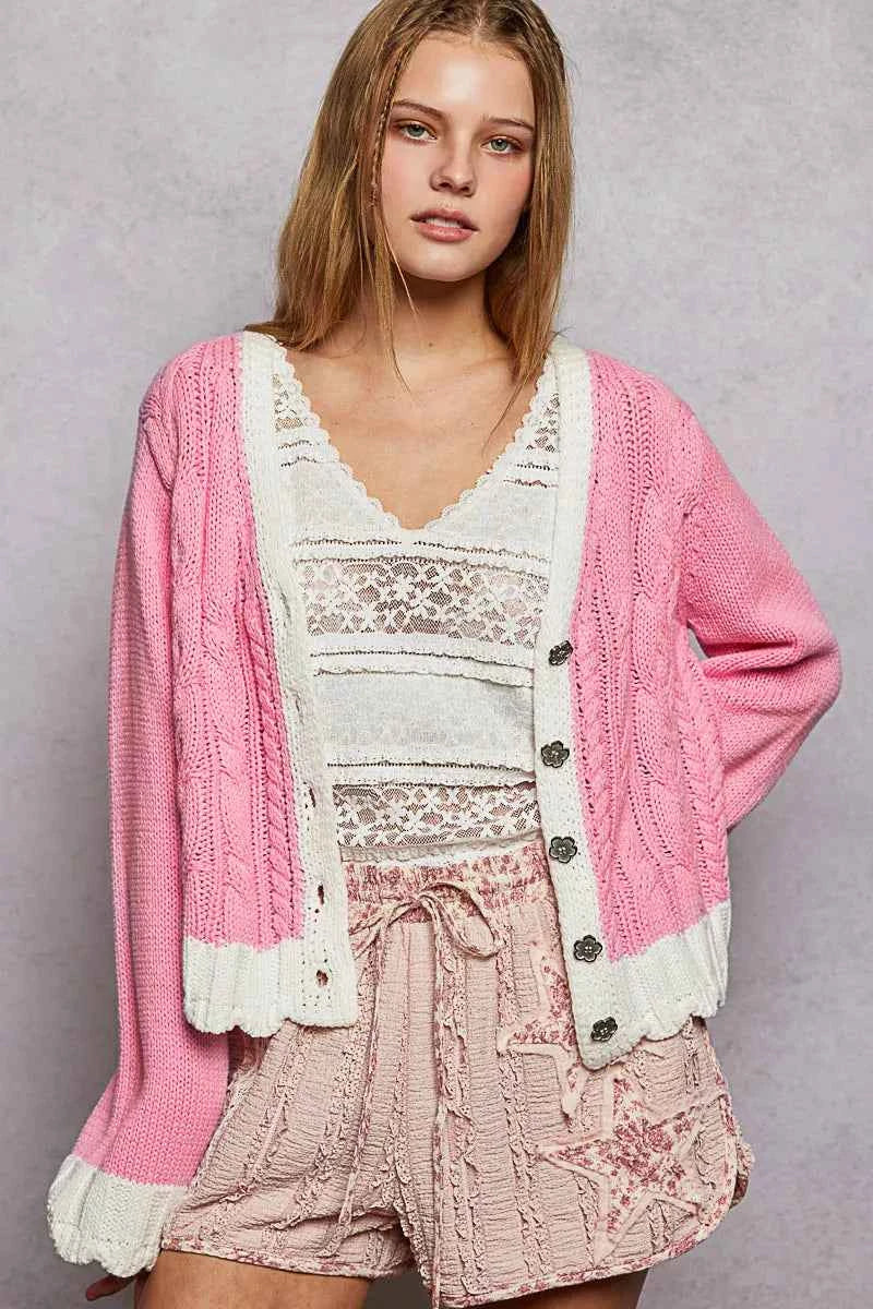 POL Button Down Cable-Knit Cardigan with Contrast Border Accents BARBIE PINK 37c3f69a-85a0-4bc0-87b9-f0855314aa25-Max-Origin