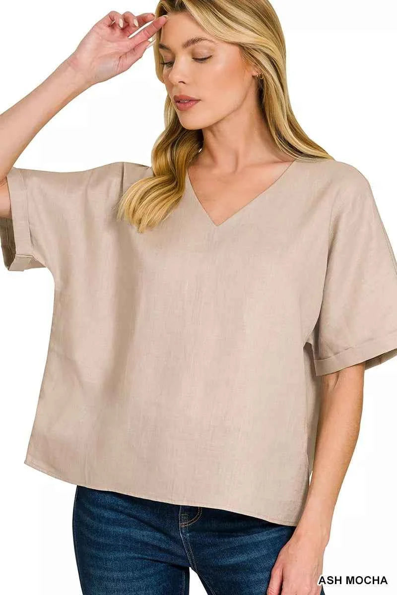 Zenana Linen V-Neck Cuffed Sleeve Top ASH MOCHA 37c5aecb4932423b8fdd710ac8f0cd59-Max-Origin