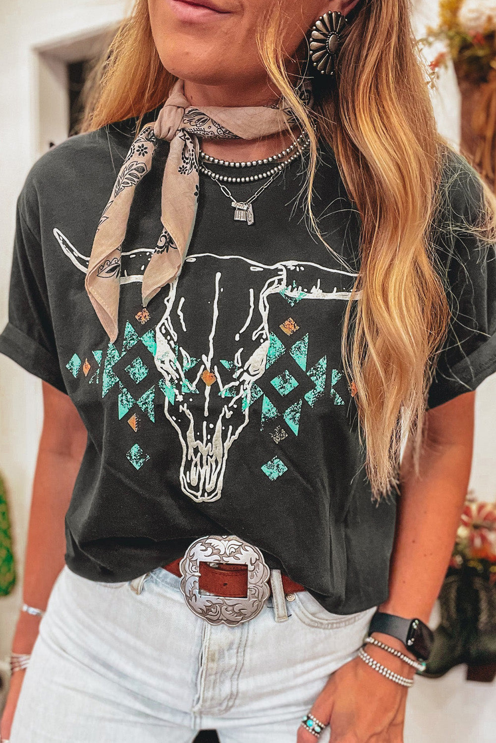 Carbon Grey Vintage Bull Head Skull Turquoise Geometric Graphic T Shirt 37c63825fc164e9a